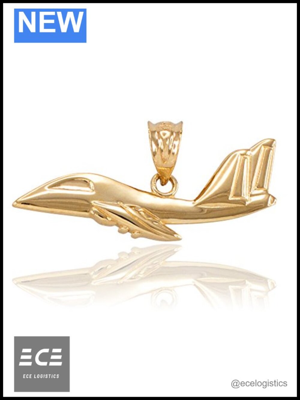 10K Yellow Gold Fighter Jet Airplane Charm Pendant Polished